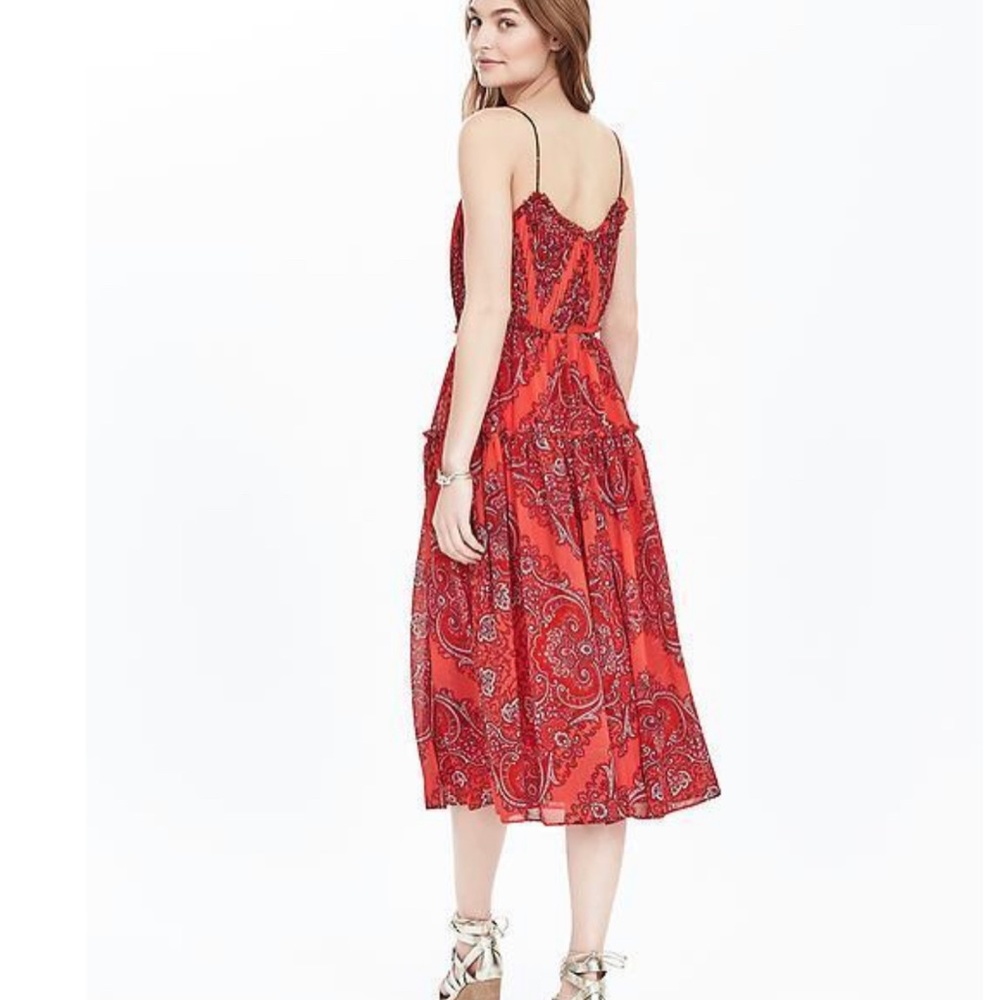 Banana Republic NWT Fire Coral Paisley Strappy Tiered Midi Dress - Size “2” - Picture 2 of 6
